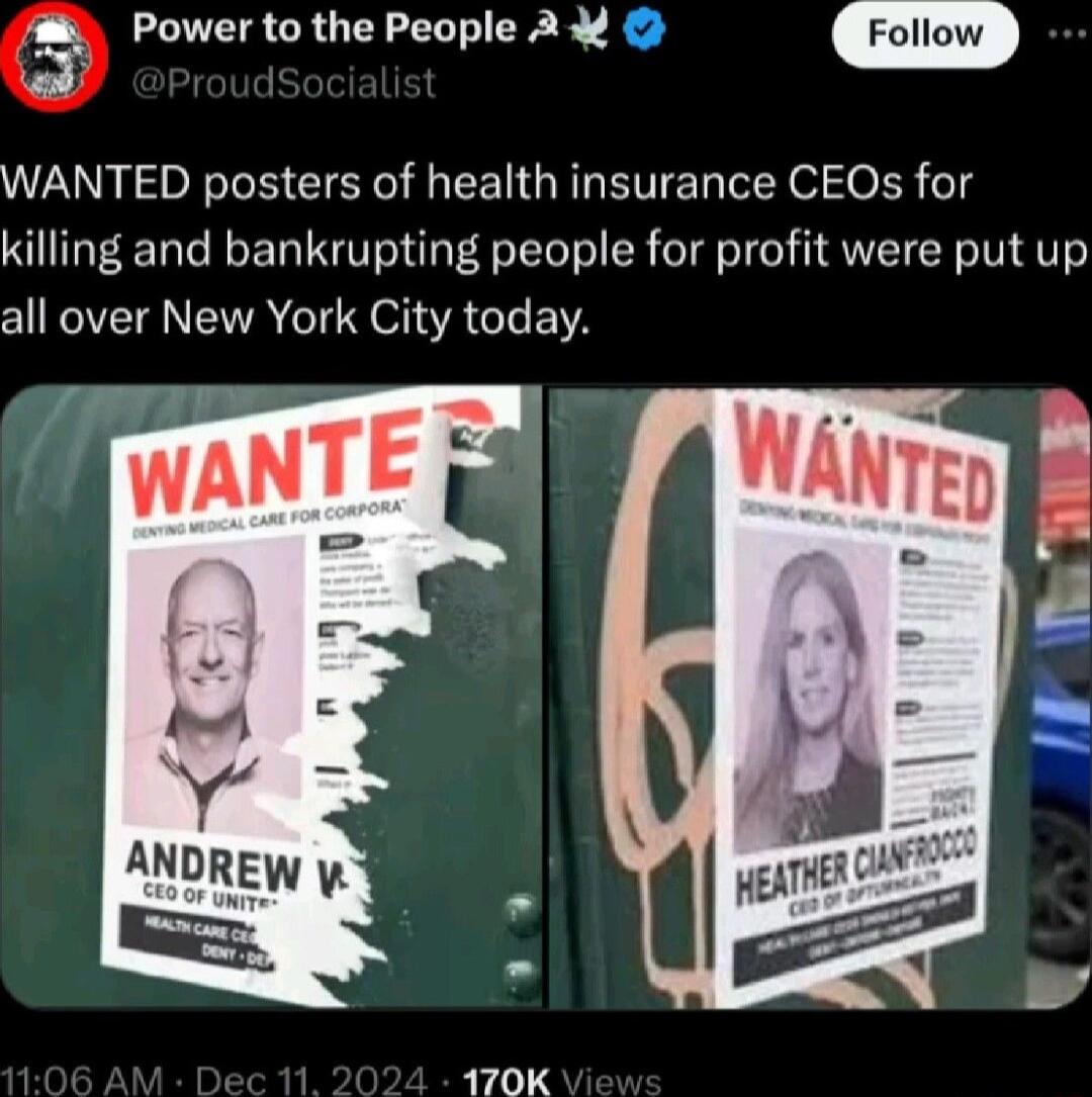 5 Power to the People 2 WANTED posters of health insurance CEOs for killing and bankrupting people for profit were put up all over New York City today