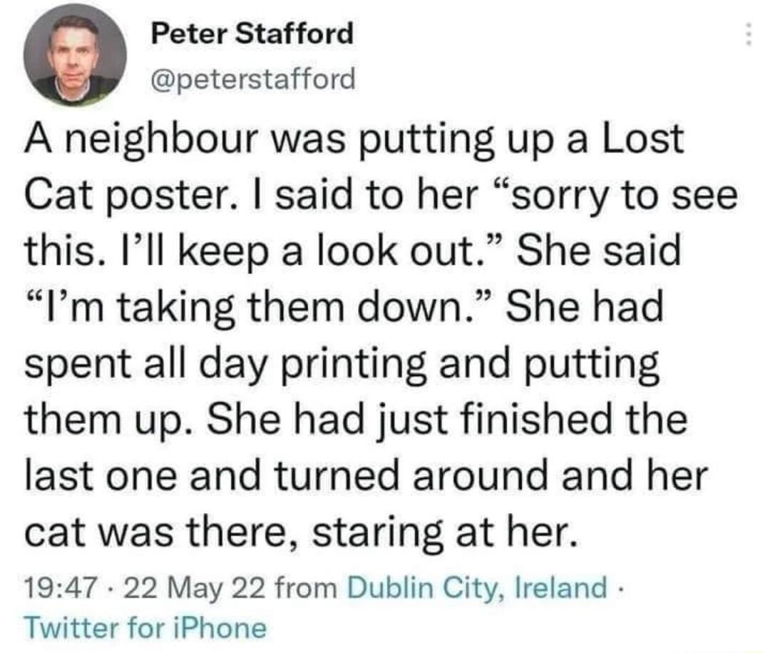 e Peter Stafford peterstafford A neighbour was putting up a Lost Cat poster said to her sorry to see this Ill keep a look out She said Im taking them down She had spent all day printing and putting them up She had just finished the last one and turned around and her cat was there staring at her 1947 22 May 22 from Dublin City Ireland Twitter for iPhone