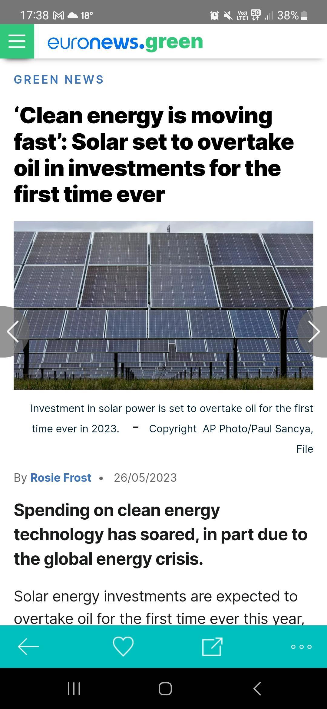 1738 M 18 oA R 38 euronews GREEN NEWS Clean energy is moving fast Solar set to overtake oil ininvestments for the first time ever Investment in solar power is set to overtake oll for the first time ever in 2023 Copyright AP PhotoPaul Sancya File By Rosie Frost 26052023 Spending on clean energy technology has soared in part due to the global energy crisis Solar energy investments are expected to ov