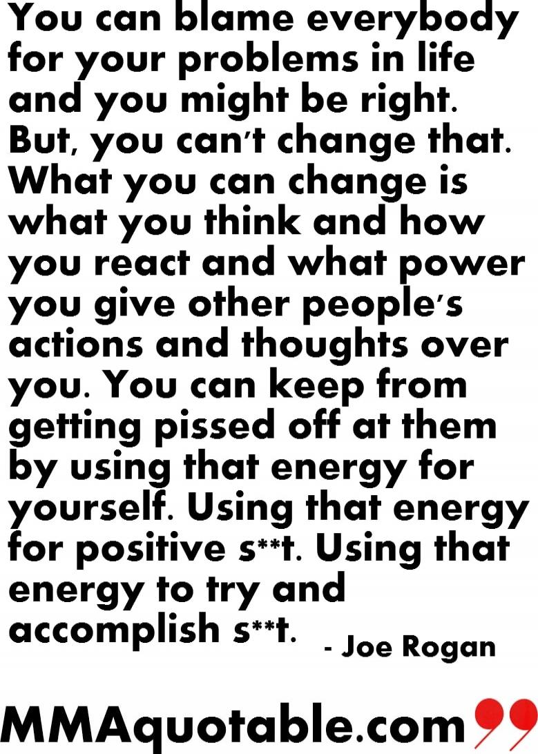 You can blame everybody for your problems in life and you might be right. But, you can't change that. What you can change is what you think and how you react and what power you give other people’s actions and thoughts over you. You can keep from getting pissed off at them by using that energy for yourself. Using that energy for positive s**t. Using