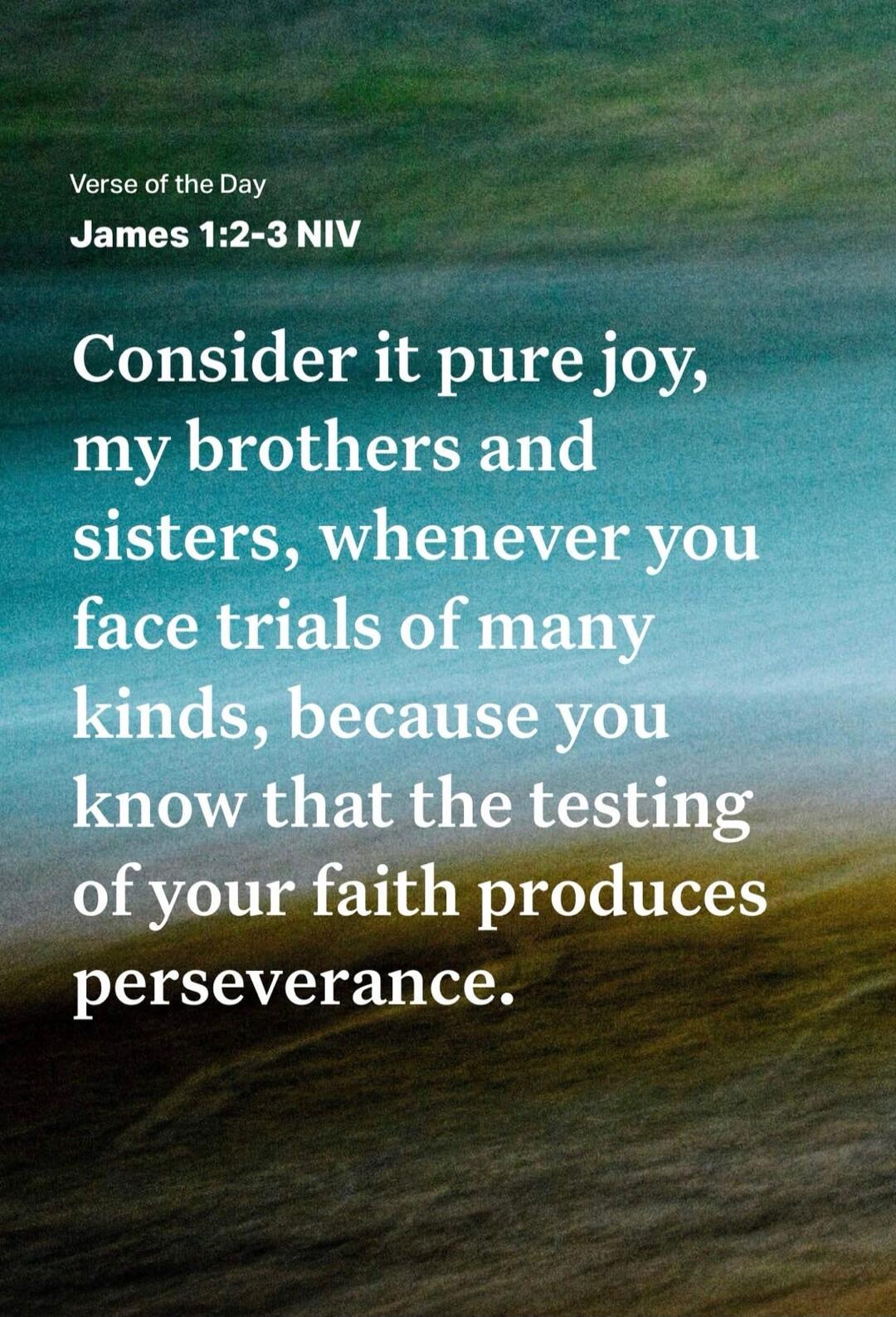 Verse of the Day
James 1:2-3 NIV
Consider it pure joy, my brothers and sisters, whenever you face trials of many kinds, because you know that the testing of your faith produces perseverance.