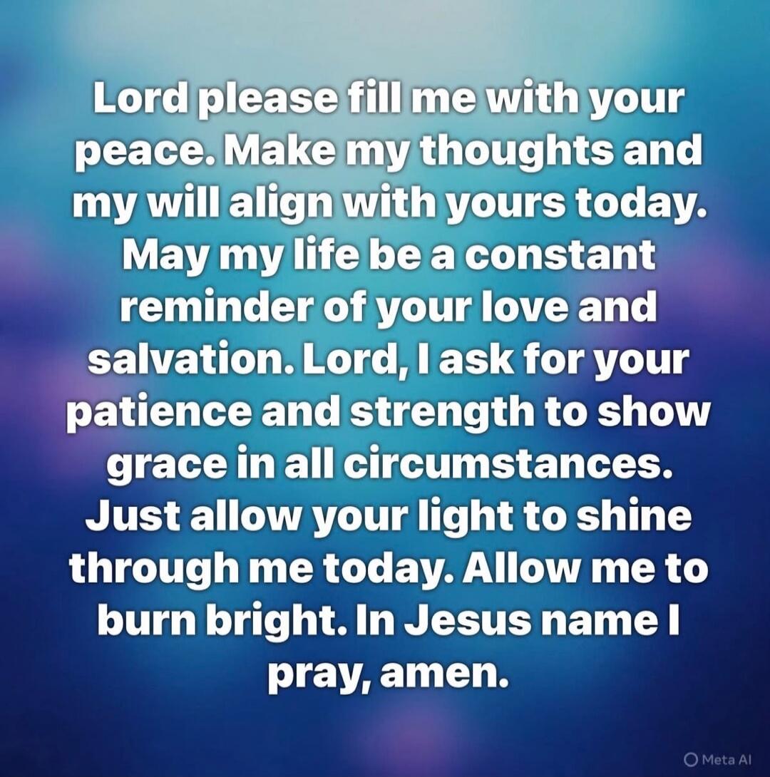 Lord please fill me with your peace. Make my thoughts and my will align with yours today. May my life be a constant reminder of your love and salvation. Lord, I ask for your patience and strength to show grace in all circumstances. Just allow your light to shine through me today. Allow me to burn bright. In Jesus name I pray, amen.