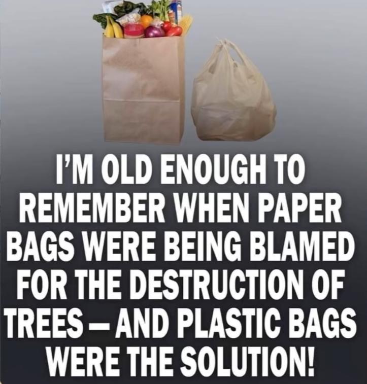 IM OLD ENOUGH TO REMEMBER WHEN PAPER BAGS WERE BEING BLAMED FOR THE DESTRUCTION OF TREES AND PLASTIC BAGS WERE THE SOLUTION