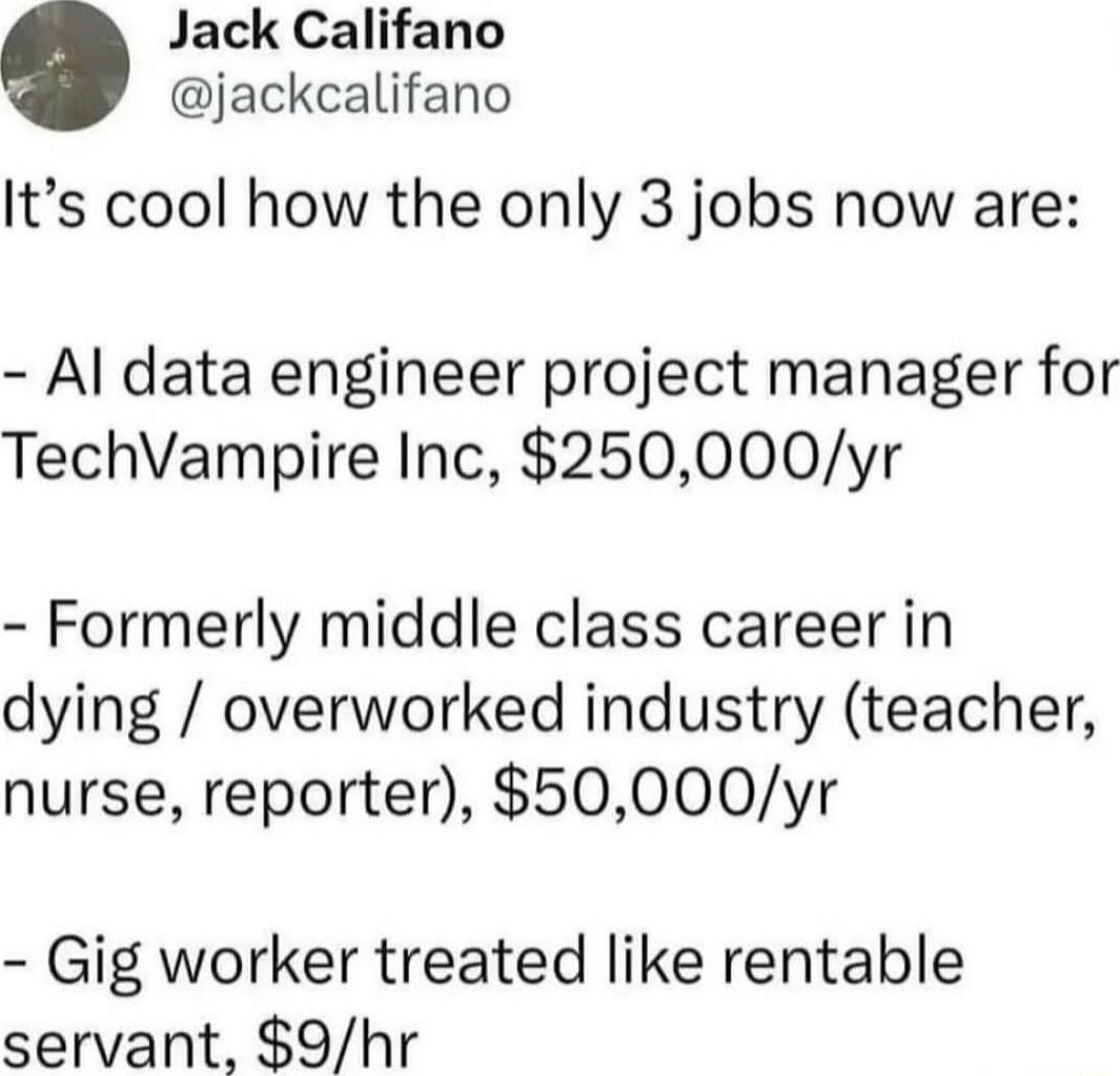 It's cool how the only 3 jobs now are:

- AI data engineer project manager for TechVampire Inc, $250,000/yr
- Formerly middle class career in dying / overworked industry (teacher, nurse, reporter), $50,000/yr
- Gig worker treated like rentable servant, $9/hr