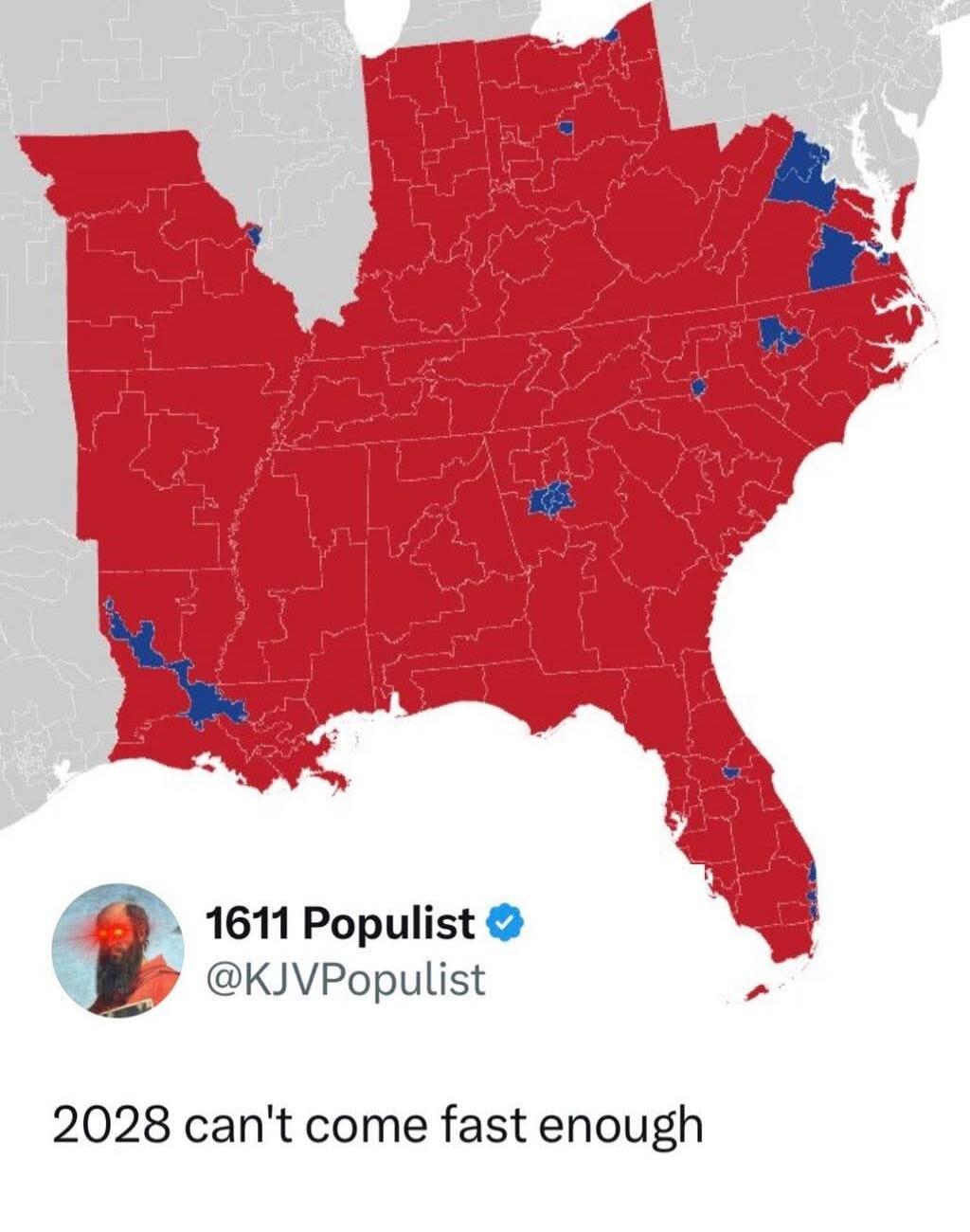 The image displays a political map of the Southern United States, with most congressional districts colored red and a few scattered blue districts. Below the map, there's a social media post from an account named '1611 Populist' with the handle '@KJVPupulist'. The profile picture shows a man with a beard and glowing red eyes. The text of the post r