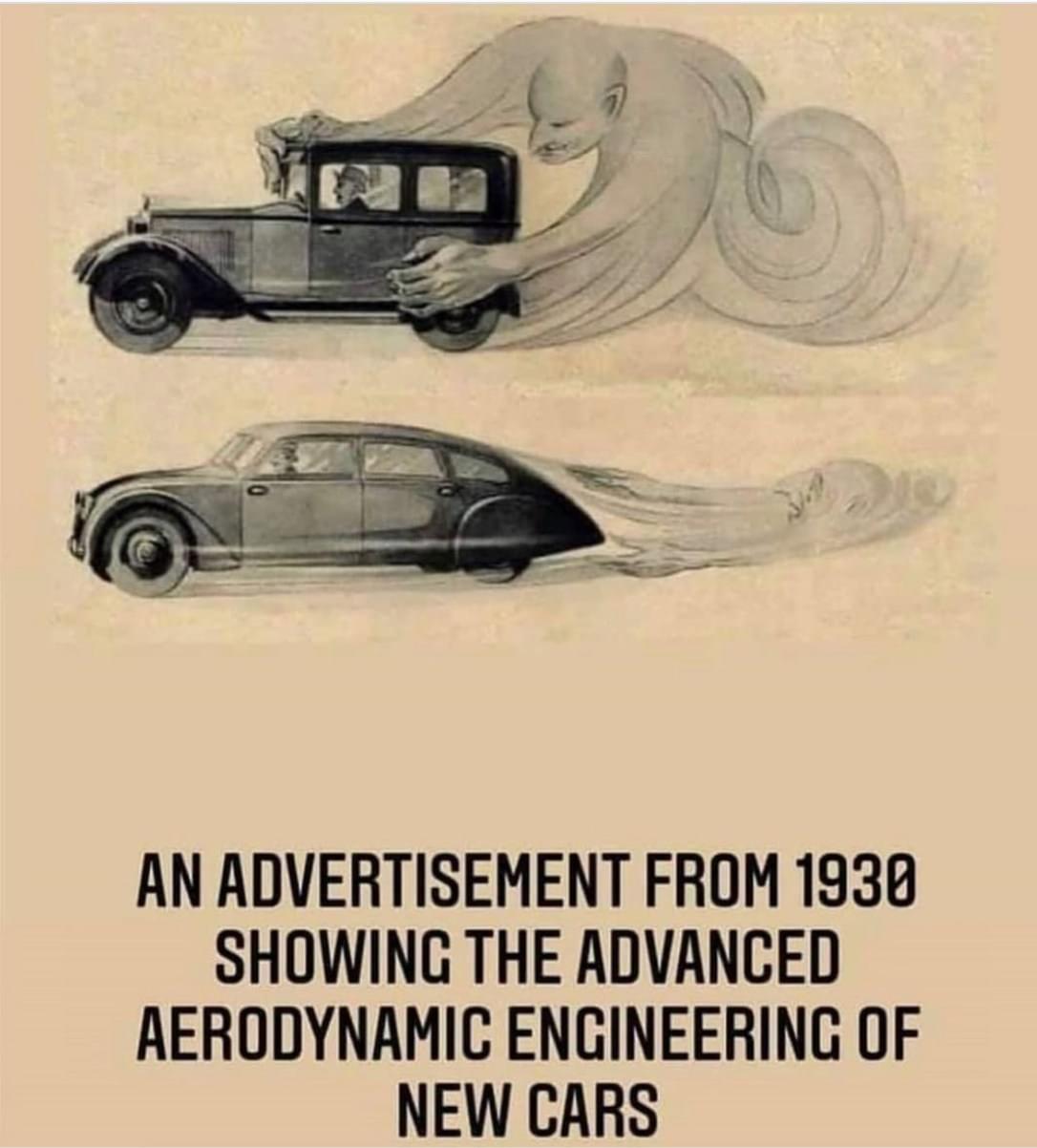AN ADVERTISEMENT FROM 1930 SHOWING THE ADVANCED RERODYNAMIC ENGINEERING OF NEW CARS