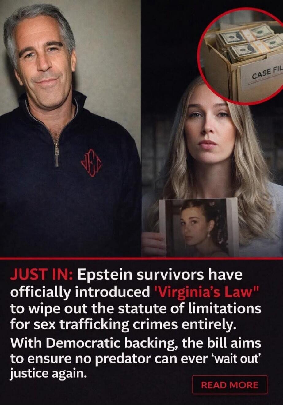 JUST IN: Epstein survivors have officially introduced 'Virginia's Law' to wipe out the statute of limitations for sex trafficking crimes entirely. With Democratic backing, the bill aims to ensure no predator can ever 'wait out' justice again. CASE FILE. READ MORE.