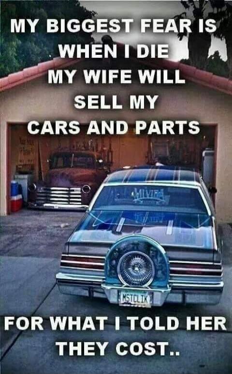 MY BIGGEST FEAR IS WHEN I DIE MY WIFE WILL SELL MY CARS AND PARTS FOR WHAT I TOLD HER THEY COST..