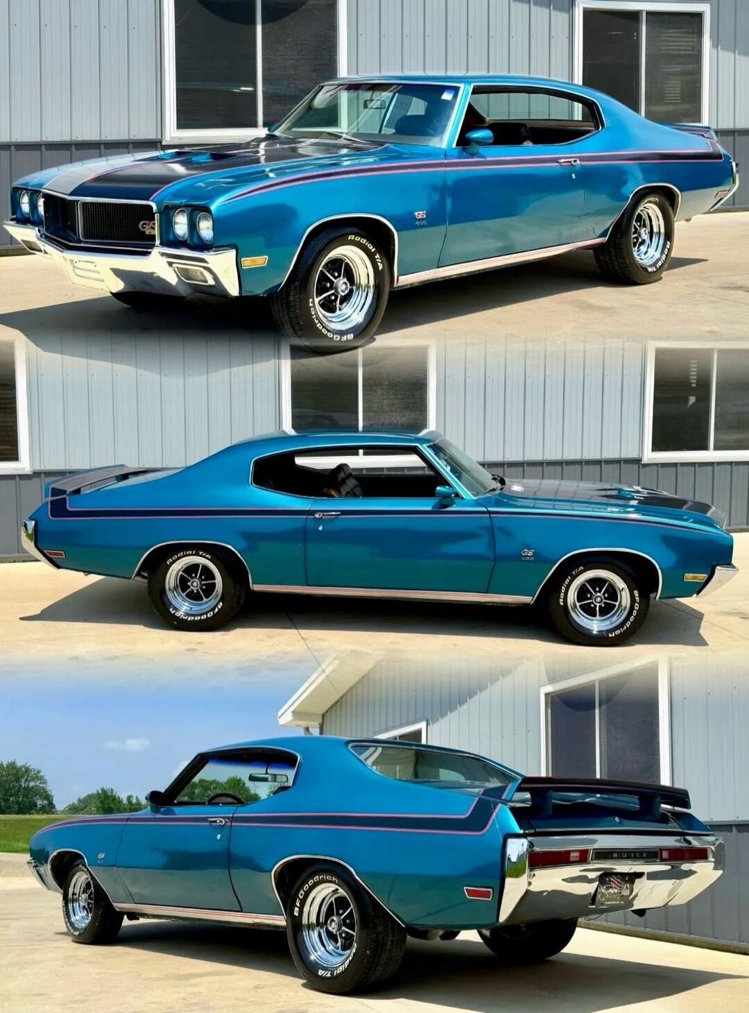A classic blue Buick GS 455 muscle car is shown from multiple angles. Text visible on the car includes 'GS 455', 'BFGoodrich Radial T/A' on the tires, and 'BUICK' on the rear.