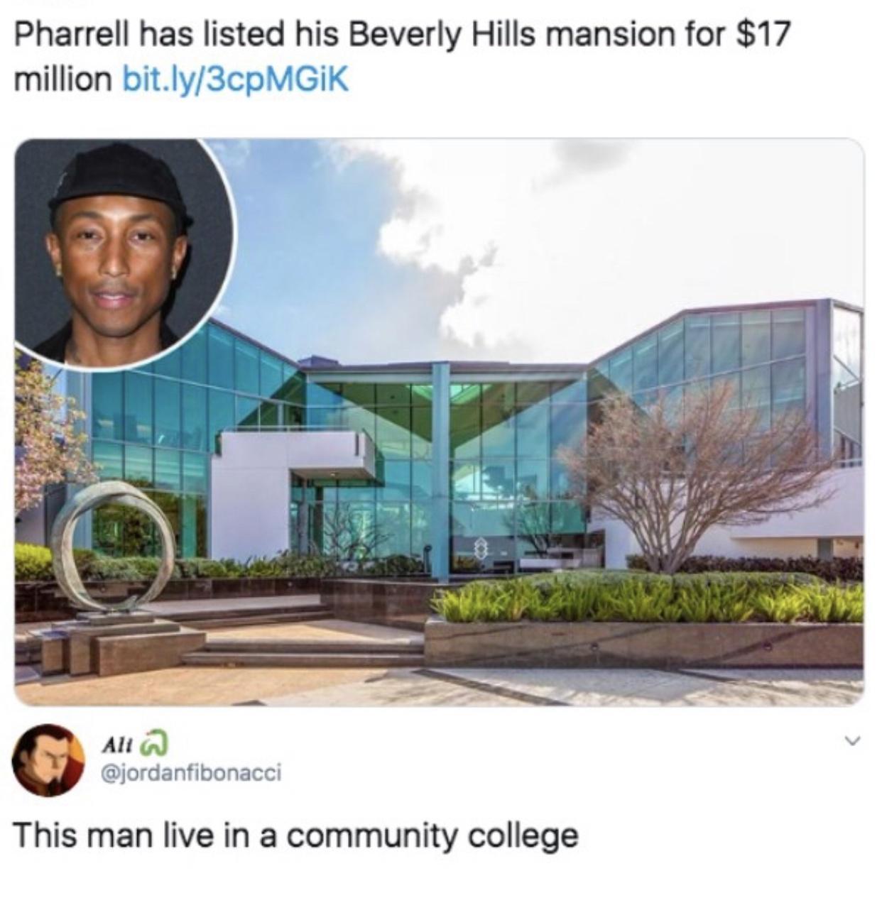 Pharrell has listed his Beverly Hills mansion for 17 million bitly3cpMGIK jordanfibonacci This man live in a community college
