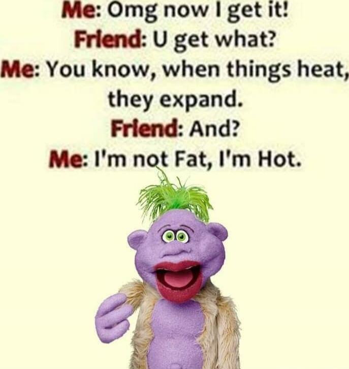 Me: Omg now I get it!
Friend: U get what?
Me: You know, when things heat, they expand.
Friend: And?
Me: I'm not Fat, I'm Hot.