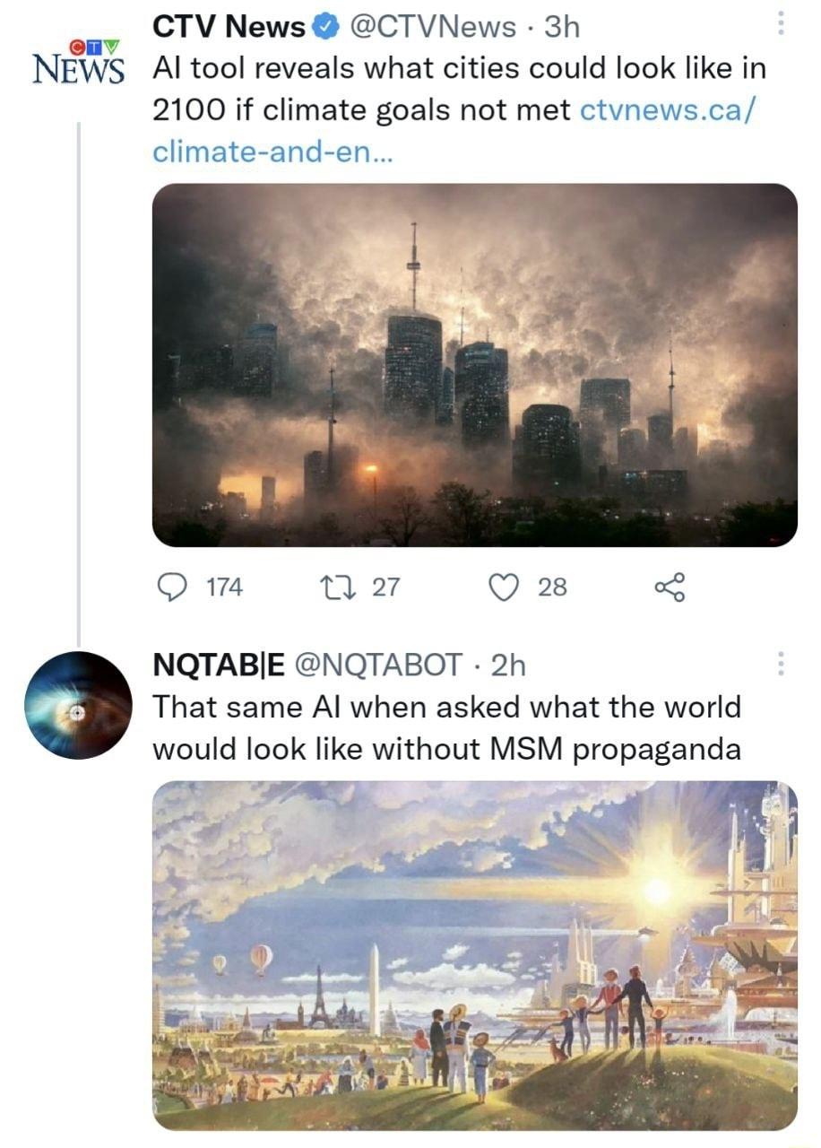 o CTV News CTVNews 3h NEWS Al tool reveals what cities could look like in 2100 if climate goals not met ctvnewsca climate and en Q n 7 Q 28 o NQTABIE NQTABOT 2h That same Al when asked what the world would look like without MSM propaganda