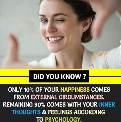 ONLY 10 OF YOUR HAPPINESS COMES FROM EXTERNAL CIRCUMSTANCES REMAINING 90 COMES WITH YOUR FEELINGS ACCORDING