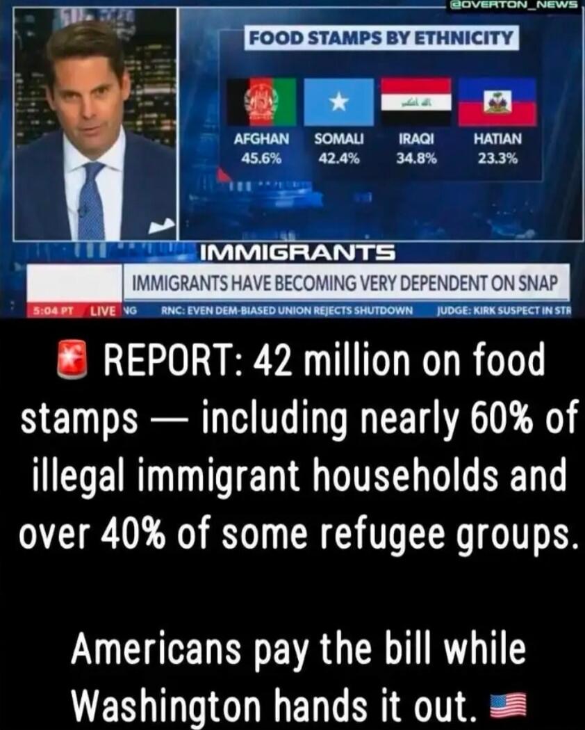 FOOD STAMPS BY ETHNICITY Afghan 45.6% Somali 42.4% Iraqi 34.8% Haitian 23.3% IMMIGRANTS REPORT: 42 million on food stamps — including nearly 60% of illegal immigrant households and over 40% of some refugee groups. Americans pay the bill while Washington hands it out.