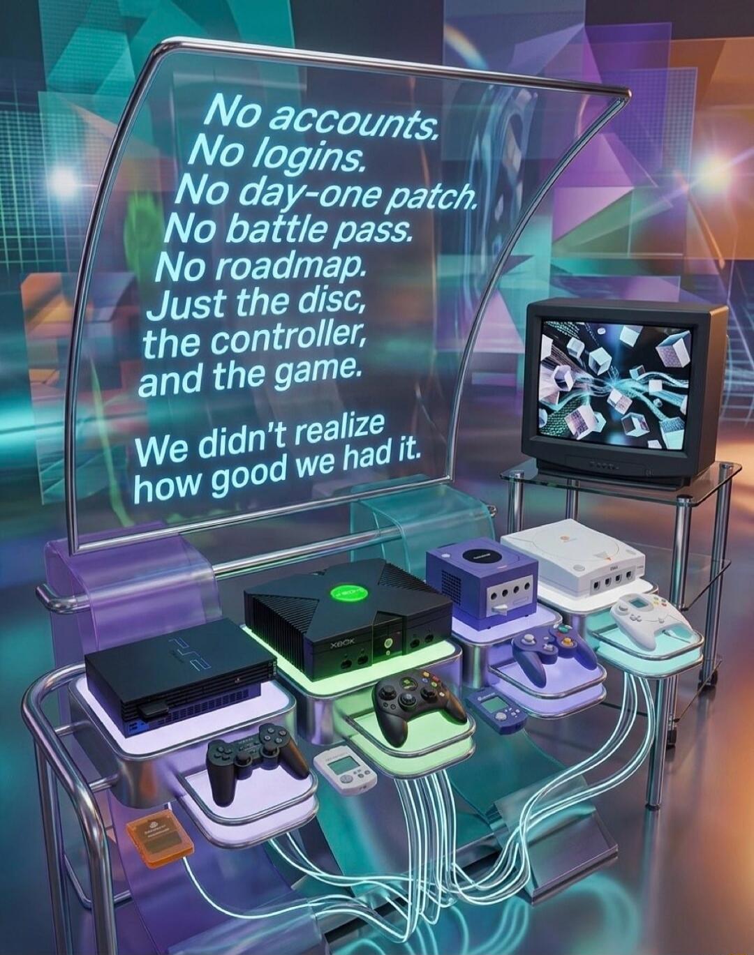 No accounts. No logins. No day-one patch. No battle pass. No roadmap. Just the disc, the controller, and the game. We didn't realize how good we had it.