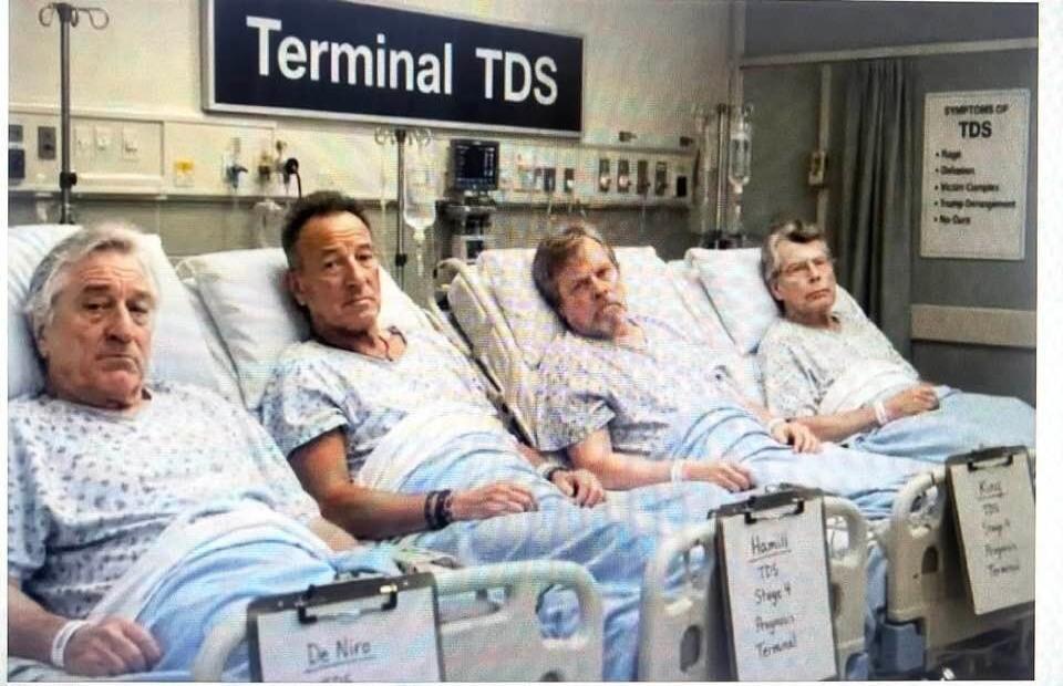 Terminal TDS. SYMPTOMS OF TDS: Rage, Delusion, Victim Complex, Trump Derangement, No Cure. De Niro. Hamill, TDS, Stage 4, Prognosis: Terminal. King, TDS, Stage 4, Prognosis: Terminal.