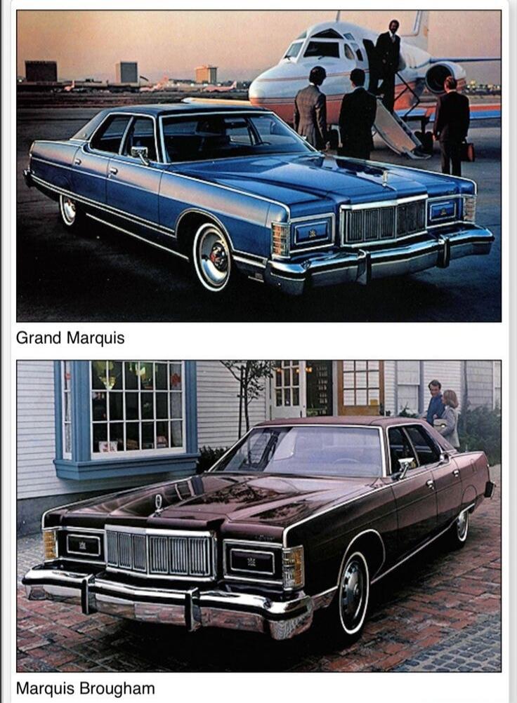 Two classic cars are displayed, likely from an advertisement. The top image features a blue Grand Marquis on an airport tarmac with a private jet and people in suits. The bottom image shows a dark Marquis Brougham parked in front of a house with a couple in the background.