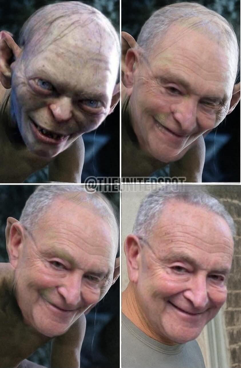 Collage of four photos showing a man with a monstrous face transitioning to a friendly smile.