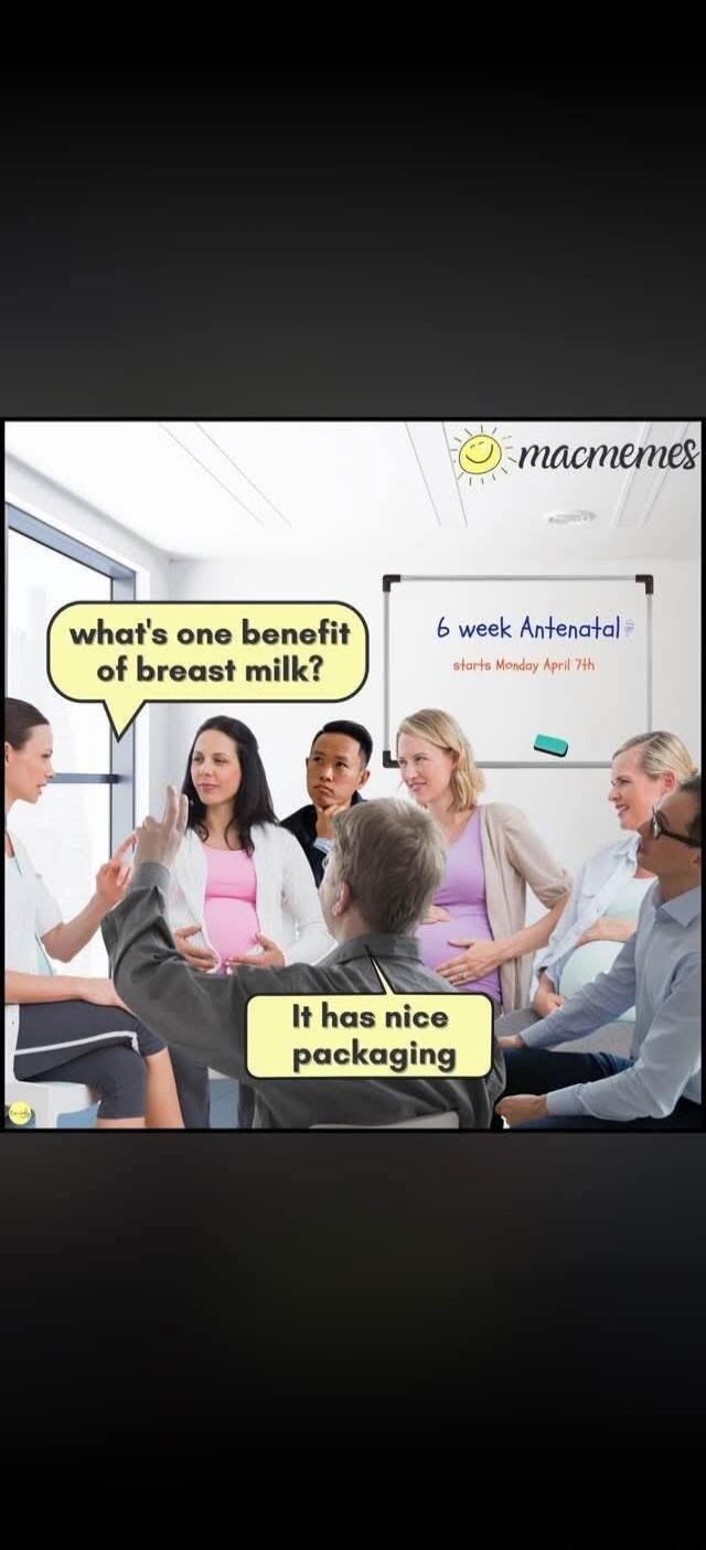 what's one benefit of breast milk? It has nice packaging. 6 week Antenatal starts Monday April 7th.
