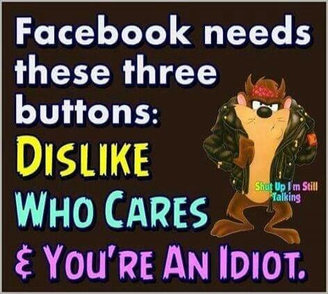 Facebook needs these three buttons: DISLIKE WHO CARES & YOU'RE AN IDIOT. Shut Up I'm Still Talking