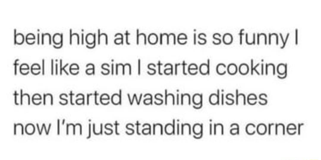 being high at home is so funny feel like a sim started cooking then started washing dishes now Im just standing in a corner