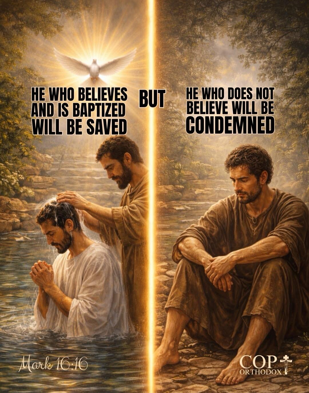 HE WHO BELIEVES AND IS BAPTIZED WILL BE SAVED BUT HE WHO DOES NOT BELIEVE WILL BE CONDEMNED Mark 16:16 COP ORTHODOX