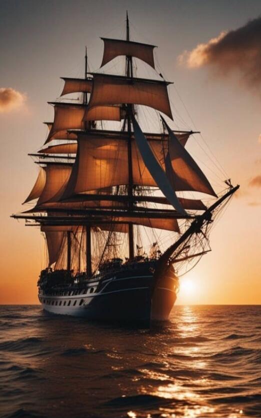 A large sailing ship with multiple masts and orange sails glides on the sea at sunset.