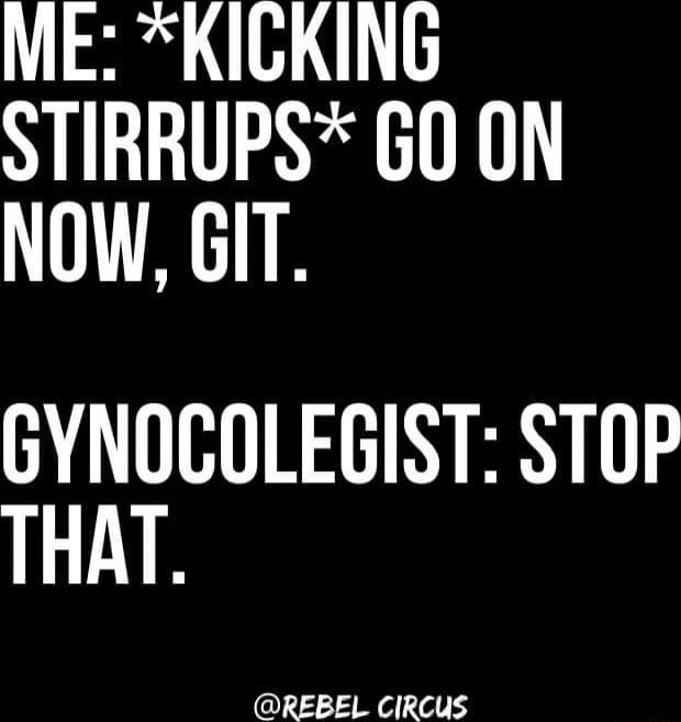 ME KICKING STIRRUPS GO ON NOW GIT GYNOCOLEGIST STOP THAT REBEL CIRCUS