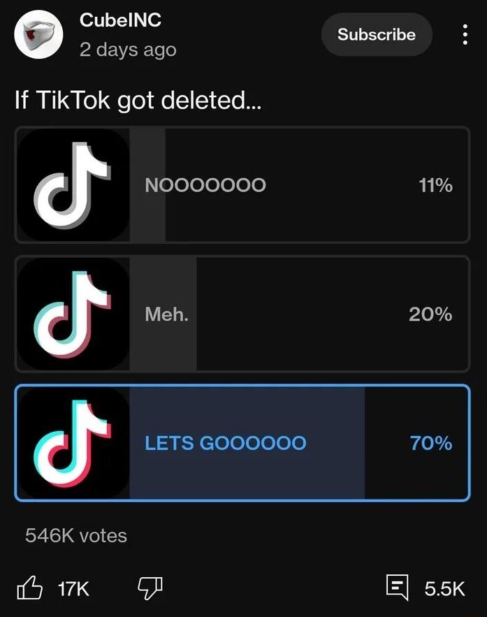 CubelNC Subscribe H A EVER Te o If TikTok got deleted loleleloTelele 1 Meh 20 153 SYclelelelelelo 70 546K votes 7K P 55k