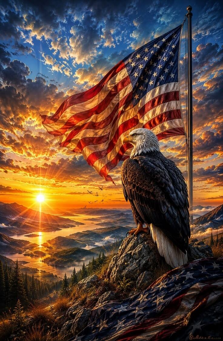 A majestic bald eagle perches on a rocky peak, gazing over a vast mountainous landscape with a shimmering lake below. In the background, a large American flag waves proudly against a dramatic sunset sky filled with orange and blue clouds.