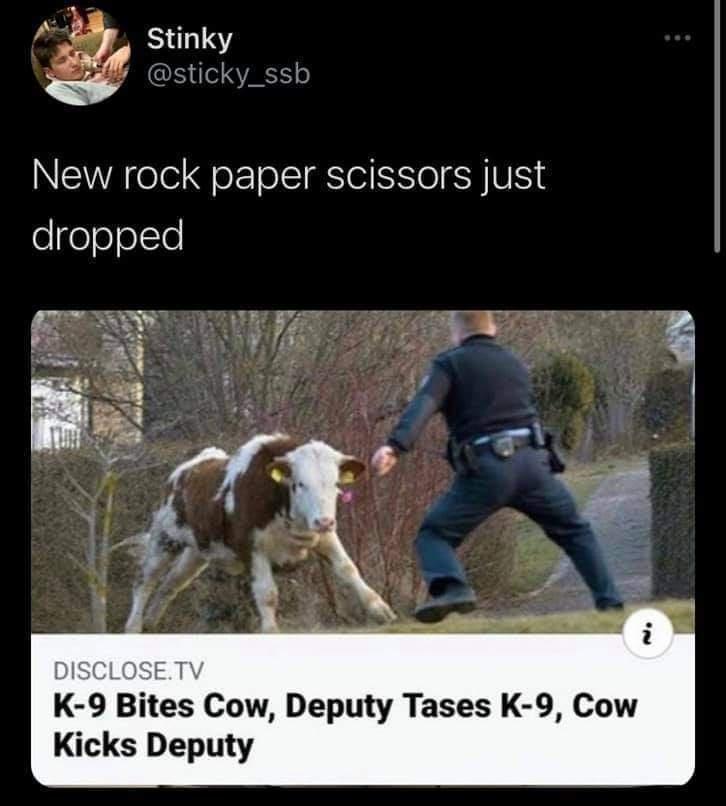 Stinky sticky_ssb New rock paper scissors just dropped tes Cow Deputy Tases K 9 Cow Kicks Deputy