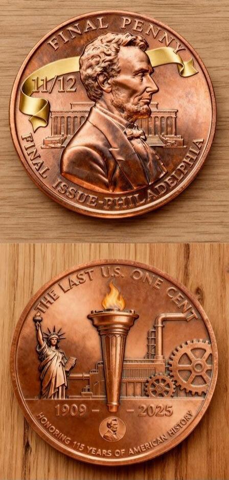 FINAL PENNY
FINAL ISSUE-PHILADELPHIA
1/2
THE LAST US ONE CENT
1909 - 2025
HONORING 115 YEARS OF AMERICAN HISTORY