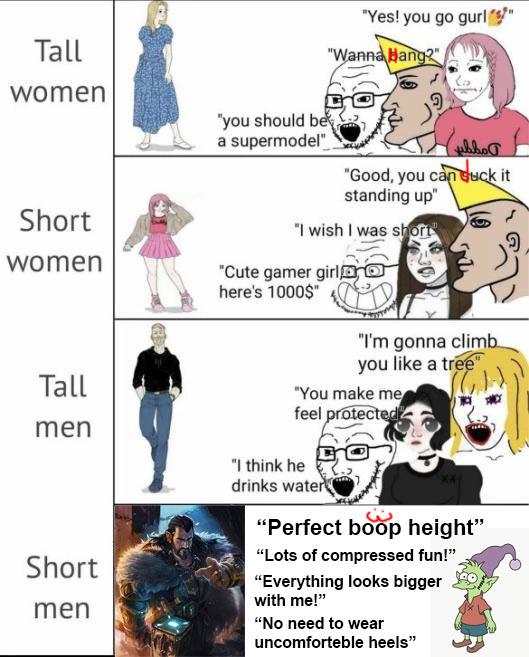 Yes you go gurl Tall women you should b a supermodel Short women Tall men I think he drinks waterS Perfect bfp height Lots of compressed fun Everything looks bigger with me No need to wear uncomforteble heels
