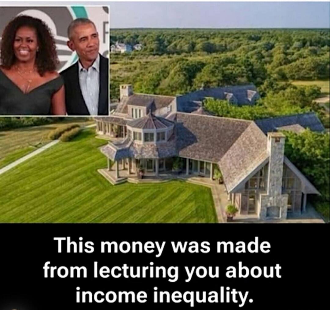 Barack and Michelle Obama are shown alongside an aerial view of a large, luxurious house. The text overlay reads: 