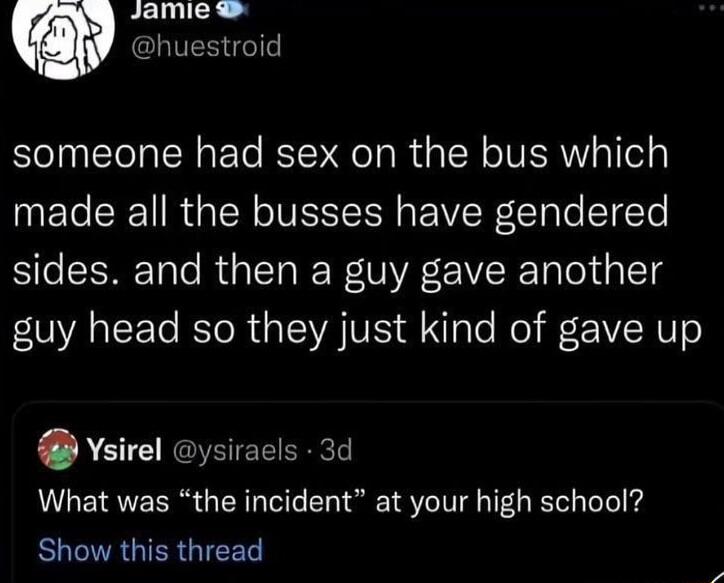 Jamie LIESGI someone had sex on the bus which made all the busses have gendered sides and then a guy gave another oA Te RTeR G ISV l Nfale Mol V RTo vsirel ysiracls 3d What was the incident at your high school ROGNRGIERGIEEG