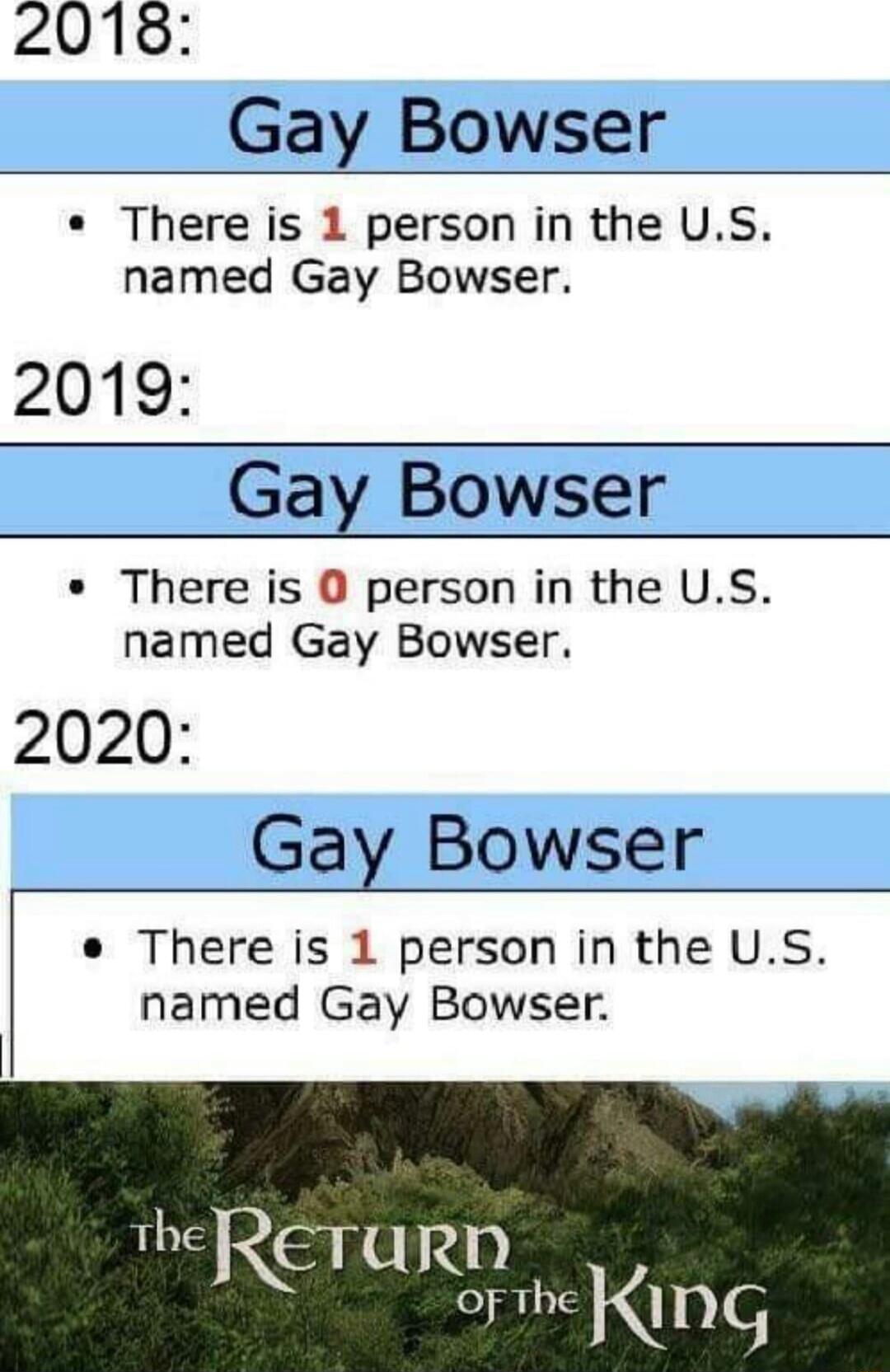 2018 Gay Bowser There is 1 person in the US named Gay Bowser 2019 Gay Bowser There is 0 person in the US named Gay Bowser 2020 Gay Bowser e There is 1 person in the US named Gay Bowser theReETURN R of the an