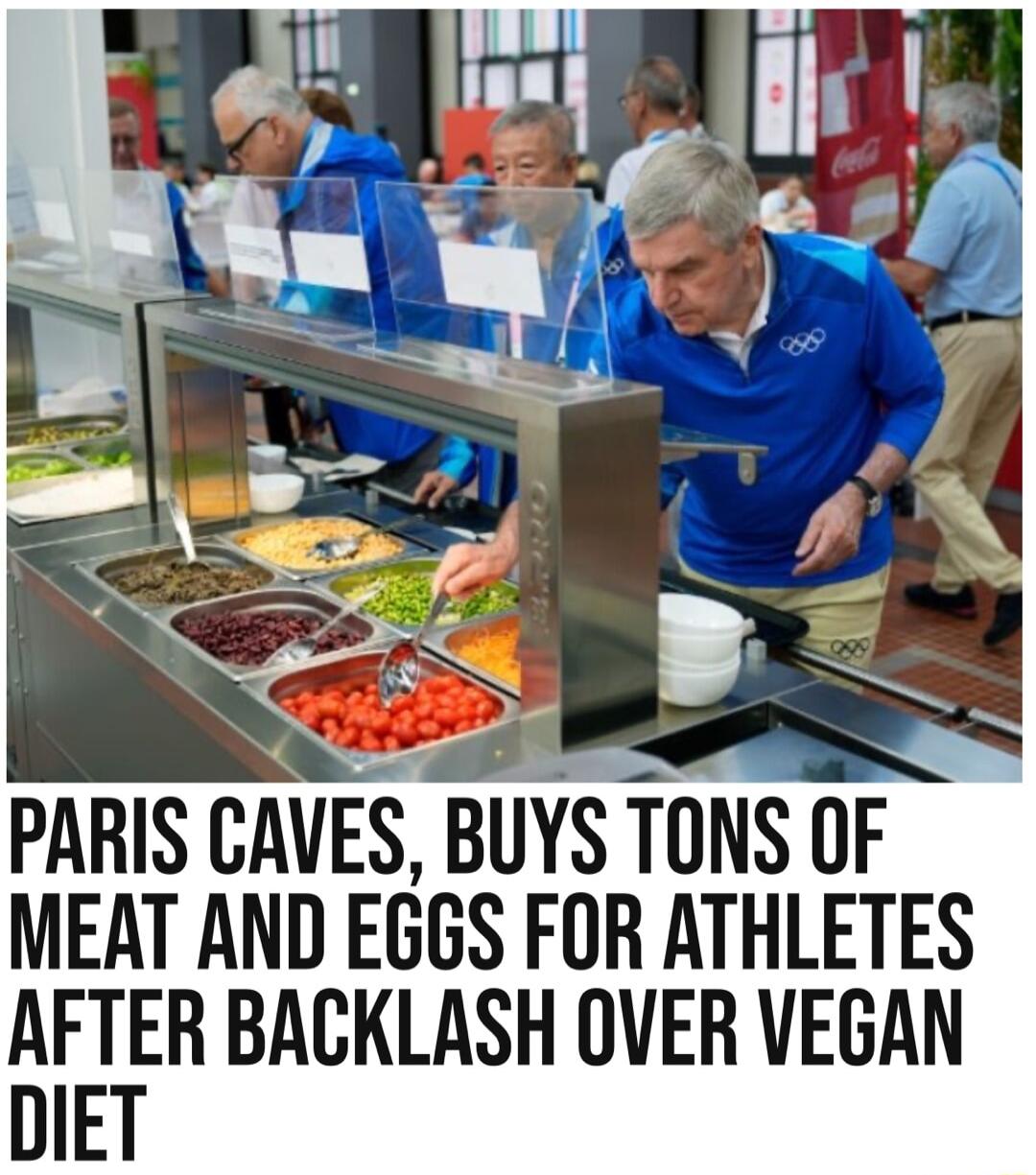 PARIS CAVESV BUYS TONS OF MEAT AND EGGS FOR ATHLETES GETEH BACKLASH OVER VEGAN