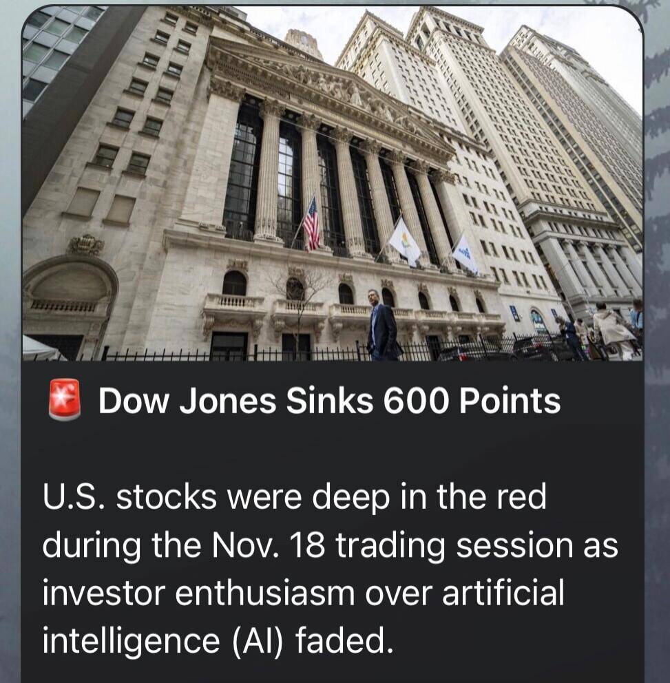 Dow Jones Sinks 600 Points

U.S. stocks were deep in the red during the Nov. 18 trading session as investor enthusiasm over artificial intelligence (AI) faded.