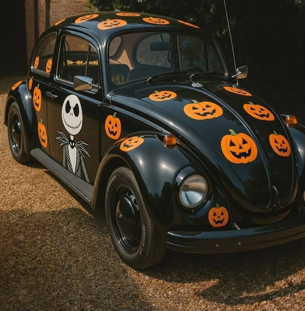 A classic black VW Beetle decorated with orange pumpkin jack-o'-lantern stickers and a Jack Skellington figure.