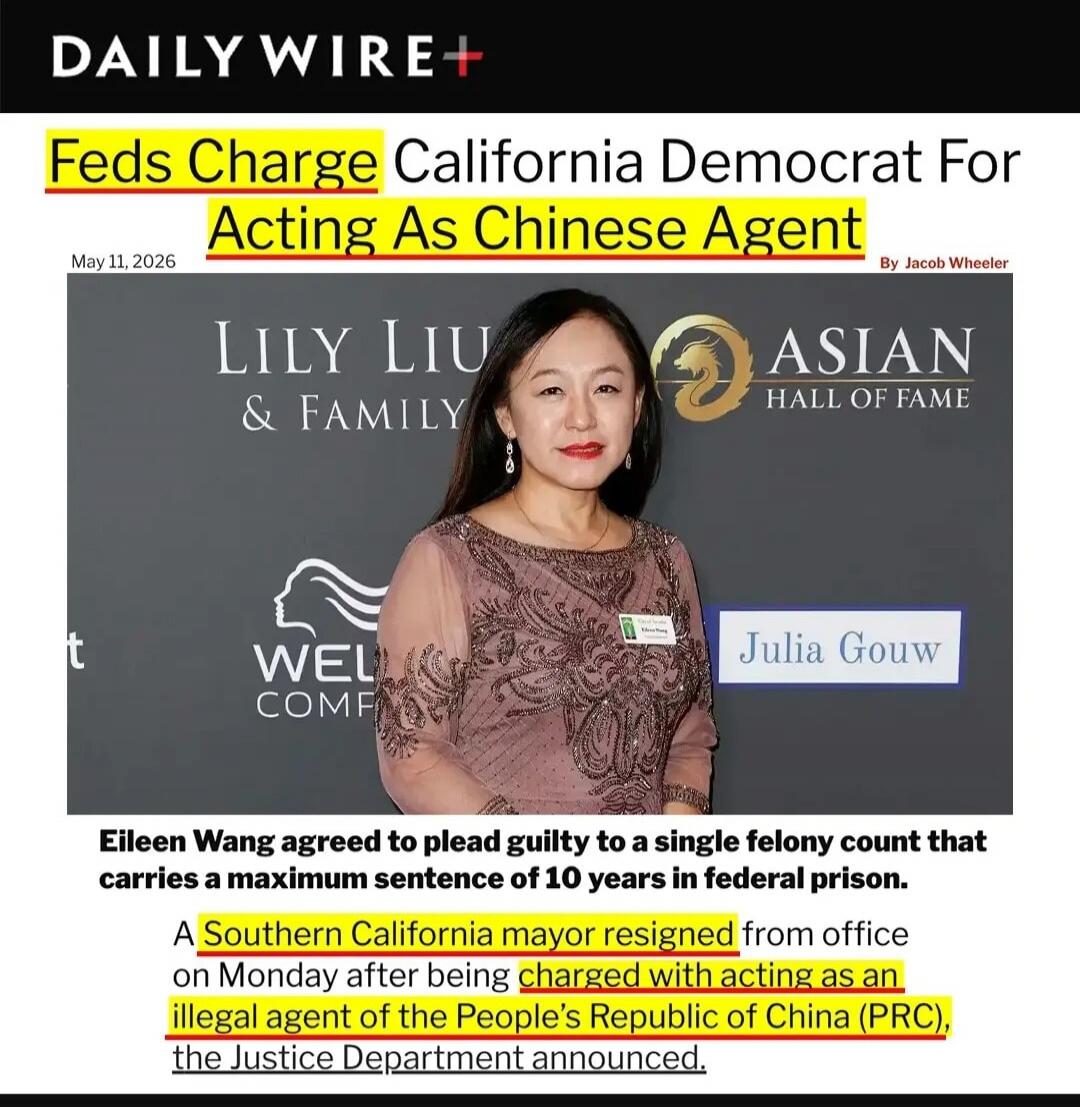 DAILY WIRE+ Feds Charge California Democrat For Acting As Chinese Agent May 11, 2026 By Jacob Wheeler LILY LIU & FAMILY ASIAN HALL OF FAME WELCOME Julia Gouw Eileen Wang agreed to plead guilty to a single felony count that carries a maximum sentence of 10 years in federal prison. A Southern California mayor resigned from office on Monday after bein