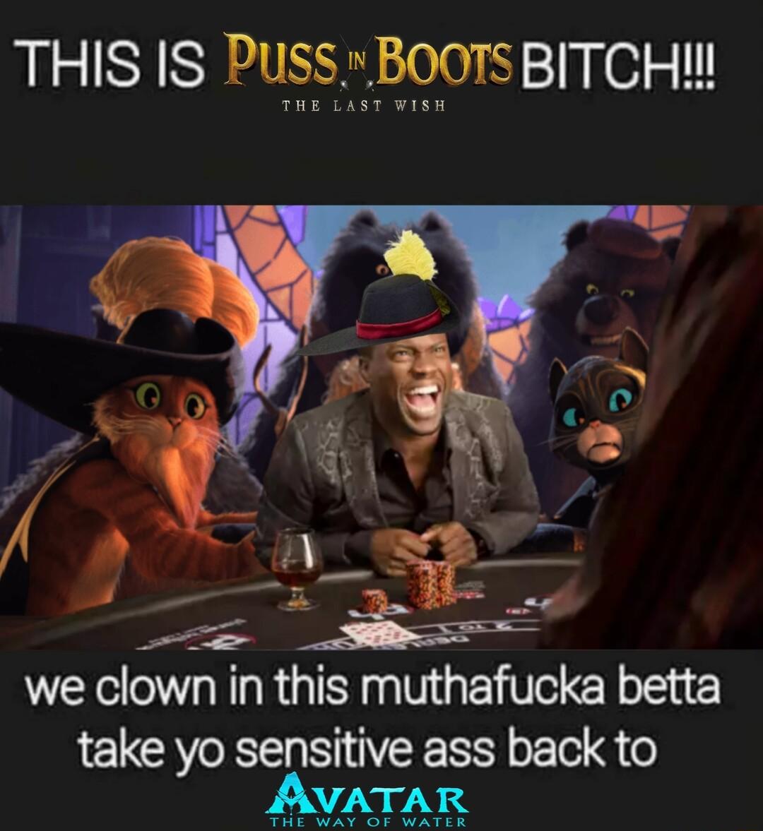 THIS IS Puss BOOTS BITCH we clown in this muthafucka betta take yo sensitive ass back to AVATAR