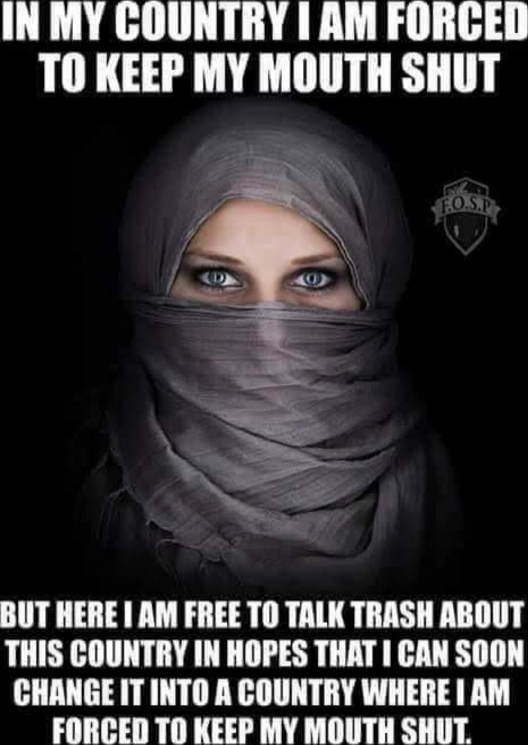 In my country I am forced to keep my mouth shut but here I am free to talk trash about this country in hopes that I can soon change it into a country where I am forced to keep my mouth shut.