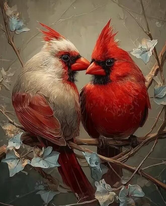 Two cardinals perched on a branch, facing and touching beaks in a display of affection.