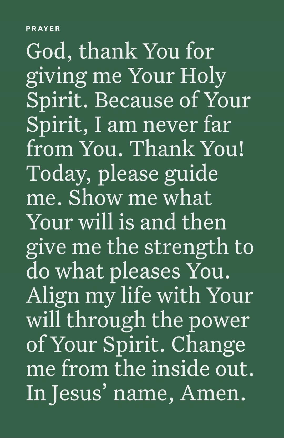 PRAYER
God, thank You for giving me Your Holy Spirit. Because of Your Spirit, I am never far from You. Thank You! Today, please guide me. Show me what Your will is and then give me the strength to do what pleases You. Align my life with Your will through the power of Your Spirit. Change me from the inside out. In Jesus’ name, Amen.