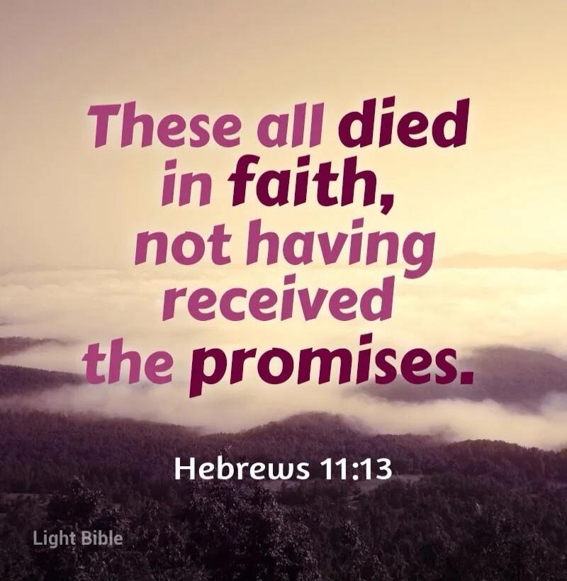 These all died in faith, not having received the promises. Hebrews 11:13 Light Bible