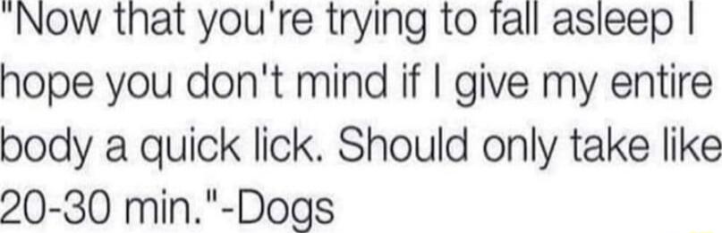 Now that youre trying to fall asleep hope you dont mind if give my entire body a quick lick Should only take like 20 30 min Dogs