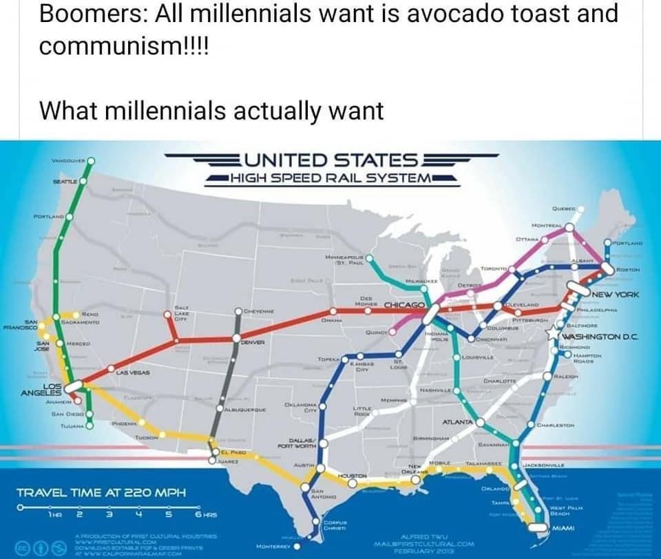 Boomers All millennials want is avocado toast and communism What millennials actually want e amUNITED STATES L2 el amHIGH SPEED RAIL SYSTEMmmm TRAVEL TIME AT 220 MPH