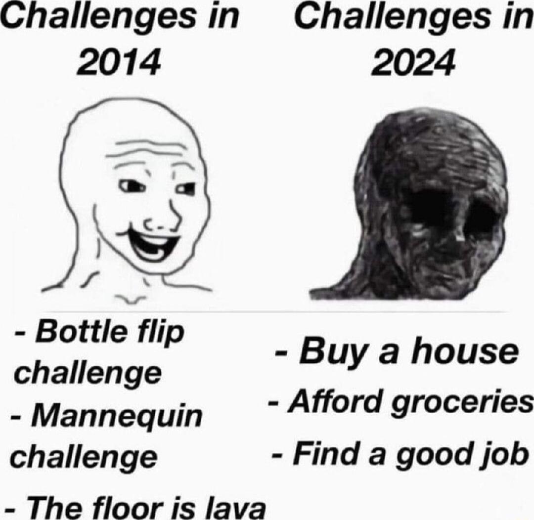 Challenges in Challenges in 2014 2024 Bottle flip Buy a house challenge Mannequin Afford groceries challenge Find a good job The floor is lava