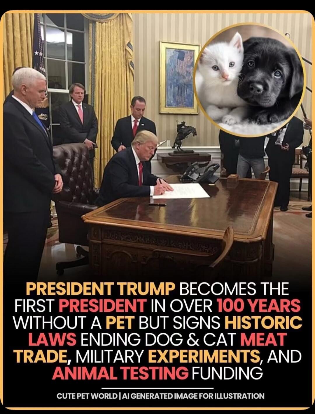 PRESIDENT TRUMP BECOMES THE FIRST PRESIDENT IN OVER 100 YEARS WITHOUT A PET BUT SIGNS HISTORIC LAWS ENDING DOG & CAT MEAT TRADE, MILITARY EXPERIMENTS, AND ANIMAL TESTING FUNDING