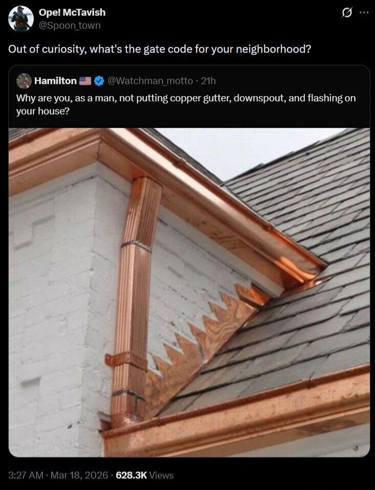 Ope! McTavish @Spoon_town Out of curiosity, what's the gate code for your neighborhood? Hamilton 🇺🇸 @Watchman_motto · 21h Why are you, as a man, not putting copper gutter, downspout, and flashing on your house? 3:27 AM · Mar 18, 2026 · 628.3K Views